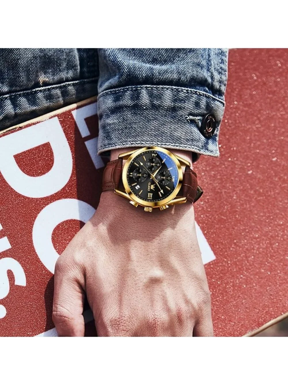 Men's Black Brown Leather Chronograph Watch Big Face Waterproof Luminous Watch